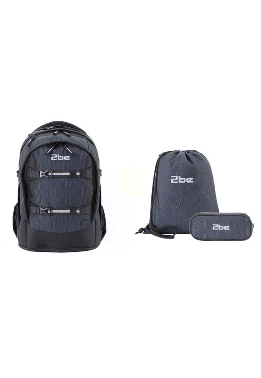 2be 15 Zoll Laptop-Rucksack/Schulrucksack mit String-Tasche und Federmäpchen Schwarz-Grau